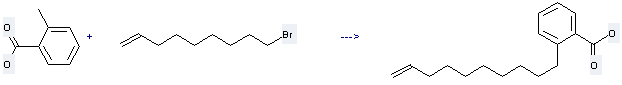 9-Bromo-1-nonene can be used to produce 2-dec-9-enyl-benzoic acid with 2-methyl-benzoic acid 